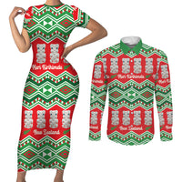 New Zealand Christmas In July Couples Matching Short Sleeve Bodycon Dress and Long Sleeve Button Shirt Meri Kirihimete Hei Tiki Taniko Motifs Seamless LT14 Red - Polynesian Pride