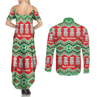 New Zealand Christmas In July Couples Matching Summer Maxi Dress and Long Sleeve Button Shirt Meri Kirihimete Hei Tiki Taniko Motifs Seamless LT14 - Polynesian Pride