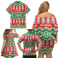 New Zealand Christmas In July Family Matching Off Shoulder Short Dress and Hawaiian Shirt Meri Kirihimete Hei Tiki Taniko Motifs Seamless LT14 Mom's Dress Red - Polynesian Pride