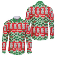 New Zealand Christmas In July Family Matching Off Shoulder Short Dress and Hawaiian Shirt Meri Kirihimete Hei Tiki Taniko Motifs Seamless LT14 Dad's Shirt - Long Sleeve Red - Polynesian Pride