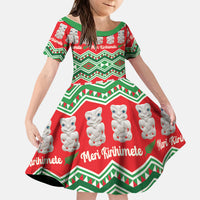 New Zealand Christmas In July Kid Short Sleeve Dress Meri Kirihimete Hei Tiki Taniko Motifs Seamless LT14 KID Red - Polynesian Pride