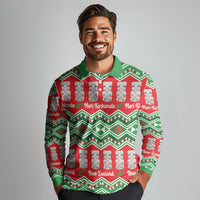 New Zealand Christmas In July Long Sleeve Polo Shirt Meri Kirihimete Hei Tiki Taniko Motifs Seamless LT14 - Polynesian Pride