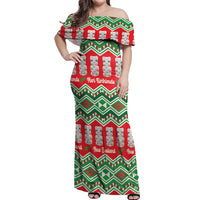 New Zealand Christmas In July Off Shoulder Maxi Dress Meri Kirihimete Hei Tiki Taniko Motifs Seamless LT14 Women Red - Polynesian Pride