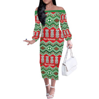 New Zealand Christmas In July Off The Shoulder Long Sleeve Dress Meri Kirihimete Hei Tiki Taniko Motifs Seamless LT14 Women Red - Polynesian Pride