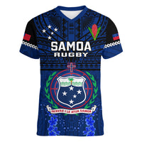 Samoa Rugby Women V Neck T Shirt World Cup 2023 Go Champions Manu Samoa LT14 Female Blue - Polynesian Pride