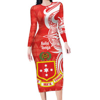 Personalised Kolisi Tonga Family Matching Long Sleeve Bodycon Dress and Hawaiian Shirt Mate Maa Tonga Ngatu Pattern - Polynesian Pride