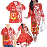 Personalised Kolisi Tonga Family Matching Off The Shoulder Long Sleeve Dress and Hawaiian Shirt Mate Maa Tonga Ngatu Pattern - Polynesian Pride