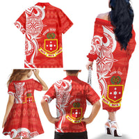 Personalised Kolisi Tonga Family Matching Off The Shoulder Long Sleeve Dress and Hawaiian Shirt Mate Maa Tonga Ngatu Pattern - Polynesian Pride