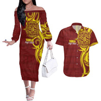 Personalised Tonga High School Couples Matching Off The Shoulder Long Sleeve Dress and Hawaiian Shirt THS Tongan Ngatu Pattern - Polynesian Pride