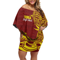 Personalised Tonga High School Off Shoulder Short Dress THS Tongan Ngatu Pattern - Polynesian Pride