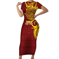 Personalised Tonga High School Short Sleeve Bodycon Dress THS Tongan Ngatu Pattern - Polynesian Pride