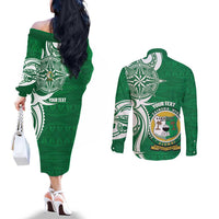 Personalised Liahona - Saineha High School Couples Matching Off The Shoulder Long Sleeve Dress and Long Sleeve Button Shirt Tongan Ngatu Pattern - Polynesian Pride