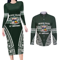Personalised Tonga Takuilau College Couples Matching Long Sleeve Bodycon Dress and Long Sleeve Button Shirt 50th Anniversary Ngatu Kupesi - Polynesian Pride