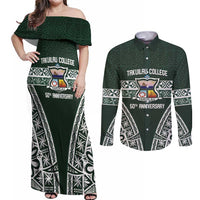 Personalised Tonga Takuilau College Couples Matching Off Shoulder Maxi Dress and Long Sleeve Button Shirt 50th Anniversary Ngatu Kupesi - Polynesian Pride