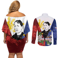 Philippines Rizal Day Couples Matching Off Shoulder Short Dress and Long Sleeve Button Shirt Filipino Sampaguita Grunge Style - Polynesian Pride