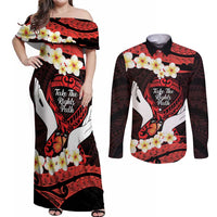 Polynesia AIDS Awareness Month Couples Matching Off Shoulder Maxi Dress and Long Sleeve Button Shirt Take The Rights Path Polynesian Pattern