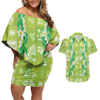 Aloha Hawaii Tuberose Lei Couples Matching Off Shoulder Short Dress and Hawaiian Shirt Tropical Vibes Green Color LT14 Green - Polynesian Pride