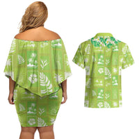 Aloha Hawaii Tuberose Lei Couples Matching Off Shoulder Short Dress and Hawaiian Shirt Tropical Vibes Green Color - Polynesian Pride