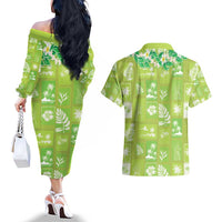 Aloha Hawaii Tuberose Lei Couples Matching Off The Shoulder Long Sleeve Dress and Hawaiian Shirt Tropical Vibes Green Color - Polynesian Pride