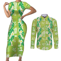 Aloha Hawaii Tuberose Lei Couples Matching Short Sleeve Bodycon Dress and Long Sleeve Button Shirt Tropical Vibes Green Color - Polynesian Pride