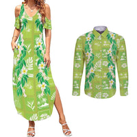 Aloha Hawaii Tuberose Lei Couples Matching Summer Maxi Dress and Long Sleeve Button Shirt Tropical Vibes Green Color - Polynesian Pride
