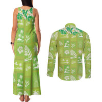 Aloha Hawaii Tuberose Lei Couples Matching Tank Maxi Dress and Long Sleeve Button Shirt Tropical Vibes Green Color - Polynesian Pride