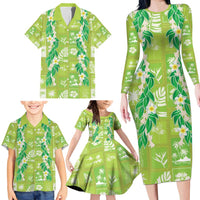 Aloha Hawaii Tuberose Lei Family Matching Long Sleeve Bodycon Dress and Hawaiian Shirt Tropical Vibes Green Color LT14 - Polynesian Pride