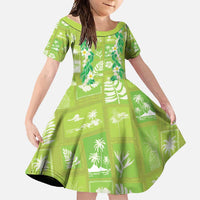 Aloha Hawaii Tuberose Lei Family Matching Off Shoulder Maxi Dress and Hawaiian Shirt Tropical Vibes Green Color - Polynesian Pride
