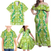 Aloha Hawaii Tuberose Lei Family Matching Off Shoulder Maxi Dress and Hawaiian Shirt Tropical Vibes Green Color - Polynesian Pride