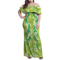 Aloha Hawaii Tuberose Lei Family Matching Off Shoulder Maxi Dress and Hawaiian Shirt Tropical Vibes Green Color LT14 Green - Polynesian Pride