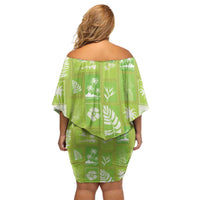 Aloha Hawaii Tuberose Lei Family Matching Off Shoulder Short Dress and Hawaiian Shirt Tropical Vibes Green Color - Polynesian Pride