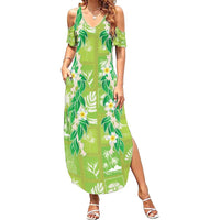 Aloha Hawaii Tuberose Lei Family Matching Summer Maxi Dress and Hawaiian Shirt Tropical Vibes Green Color LT14 Green - Polynesian Pride