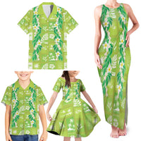 Aloha Hawaii Tuberose Lei Family Matching Tank Maxi Dress and Hawaiian Shirt Tropical Vibes Green Color - Polynesian Pride