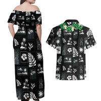Aloha Hawaii Tuberose Lei Couples Matching Off Shoulder Maxi Dress and Hawaiian Shirt Tropical Vibes Black Color - Polynesian Pride