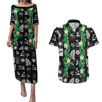Aloha Hawaii Tuberose Lei Couples Matching Puletasi and Hawaiian Shirt Tropical Vibes Black Color - Polynesian Pride