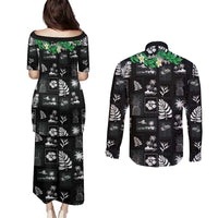 Aloha Hawaii Tuberose Lei Couples Matching Puletasi and Long Sleeve Button Shirt Tropical Vibes Black Color - Polynesian Pride
