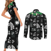 Aloha Hawaii Tuberose Lei Couples Matching Short Sleeve Bodycon Dress and Long Sleeve Button Shirt Tropical Vibes Black Color - Polynesian Pride