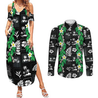 Aloha Hawaii Tuberose Lei Couples Matching Summer Maxi Dress and Long Sleeve Button Shirt Tropical Vibes Black Color - Polynesian Pride