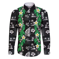 Aloha Hawaii Tuberose Lei Family Matching Long Sleeve Bodycon Dress and Hawaiian Shirt Tropical Vibes Black Color LT14 Dad's Shirt - Long Sleeve Black - Polynesian Pride