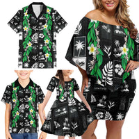 Aloha Hawaii Tuberose Lei Family Matching Off Shoulder Short Dress and Hawaiian Shirt Tropical Vibes Black Color LT14 - Polynesian Pride