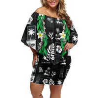 Aloha Hawaii Tuberose Lei Family Matching Off Shoulder Short Dress and Hawaiian Shirt Tropical Vibes Black Color - Polynesian Pride