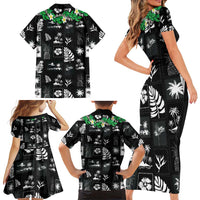 Aloha Hawaii Tuberose Lei Family Matching Short Sleeve Bodycon Dress and Hawaiian Shirt Tropical Vibes Black Color LT14 - Polynesian Pride