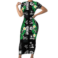 Aloha Hawaii Tuberose Lei Family Matching Short Sleeve Bodycon Dress and Hawaiian Shirt Tropical Vibes Black Color - Polynesian Pride