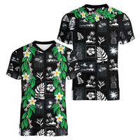 Aloha Hawaii Tuberose Lei Women V-Neck T-Shirt Tropical Vibes Black Color - Polynesian Pride