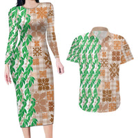 Aloha Hawaii Palaka Tuberose Lei Couples Matching Long Sleeve Bodycon Dress and Hawaiian Shirt Hawaiian Quilt Seamless Style - Polynesian Pride