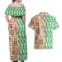 Aloha Hawaii Palaka Tuberose Lei Couples Matching Off Shoulder Maxi Dress and Hawaiian Shirt Hawaiian Quilt Seamless Style LT14 - Polynesian Pride