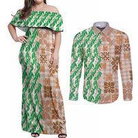 Aloha Hawaii Palaka Tuberose Lei Couples Matching Off Shoulder Maxi Dress and Long Sleeve Button Shirt Hawaiian Quilt Seamless Style - Polynesian Pride