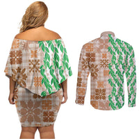 Aloha Hawaii Palaka Tuberose Lei Couples Matching Off Shoulder Short Dress and Long Sleeve Button Shirt Hawaiian Quilt Seamless Style - Polynesian Pride