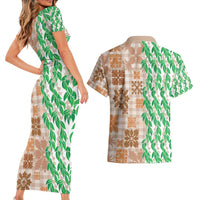 Aloha Hawaii Palaka Tuberose Lei Couples Matching Short Sleeve Bodycon Dress and Hawaiian Shirt Hawaiian Quilt Seamless Style - Polynesian Pride