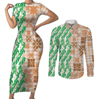 Aloha Hawaii Palaka Tuberose Lei Couples Matching Short Sleeve Bodycon Dress and Long Sleeve Button Shirt Hawaiian Quilt Seamless Style LT14 Beige - Polynesian Pride